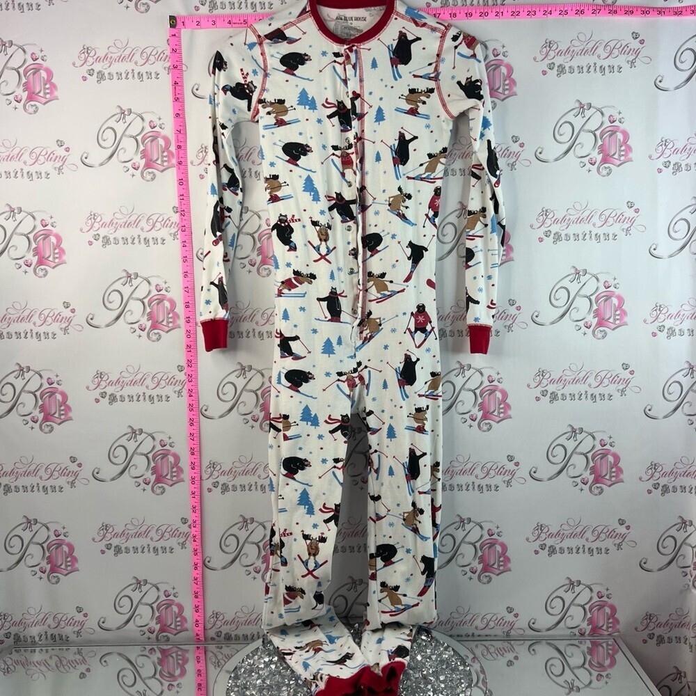 Little blue house Onsie Ski Bear Footed One-Piece Pajamas - White with Red Trim